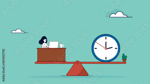 work life balance, flexible working hours, time management for work, businesswoman working on desk with seesaw and clock balance concept vector illustration