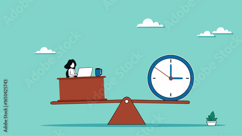 work life balance, flexible working hours, time management for work, businesswoman working on desk with seesaw and clock balance concept vector illustration