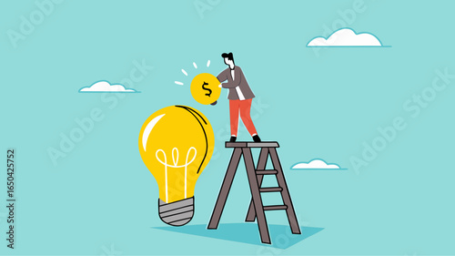 funding new innovative project, investing or VC venture capital to support business startup idea, raising funds to start a business, businessman inserts gold coins into business light bulb idea