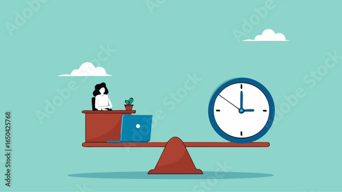 work life balance, flexible working hours, time management for work, businesswoman working on desk with seesaw and clock balance concept vector illustration