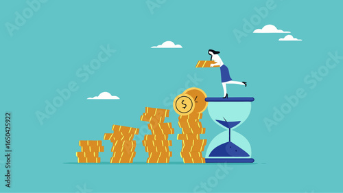 long term investment concept, Growth Earning From Compound Interest In Long Term Investing, businesswoman makes financial growth graph by stacking gold coins on top of hourglass vector illustration