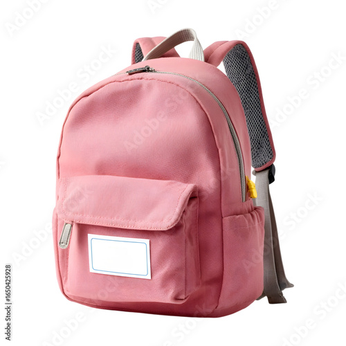 A stylish pink backpack with zipper details and a name tag