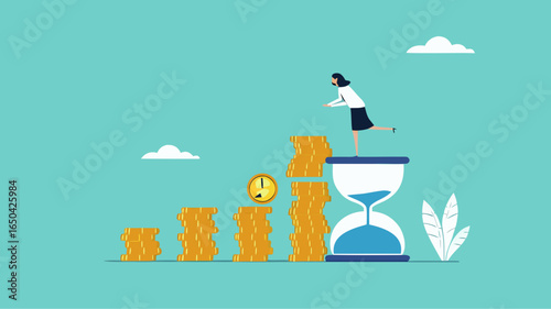 long term investment concept, Growth Earning From Compound Interest In Long Term Investing, businesswoman makes financial growth graph by stacking gold coins on top of hourglass vector illustration