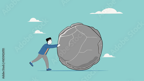 Businessman pushing huge stone illustration, effort to achieve business goals or target, Obstacles and challenge at work, business heavy tasks and problems concept vector illustration
