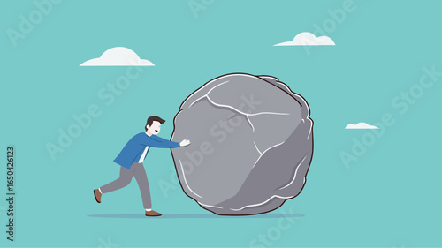 Businessman pushing huge stone illustration, effort to achieve business goals or target, Obstacles and challenge at work, business heavy tasks and problems concept vector illustration