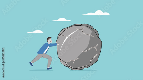 Businessman pushing huge stone illustration, effort to achieve business goals or target, Obstacles and challenge at work, business heavy tasks and problems concept vector illustration