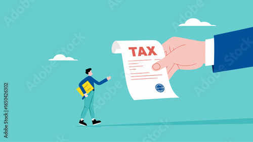 Crypto currency tax burden, businessman investor holding bitcoin surprised by government hand issue tax bill concept vector illustration