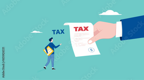 Crypto currency tax burden, businessman investor holding bitcoin surprised by government hand issue tax bill concept vector illustration