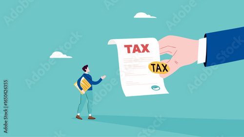 Crypto currency tax burden, businessman investor holding bitcoin surprised by government hand issue tax bill concept vector illustration