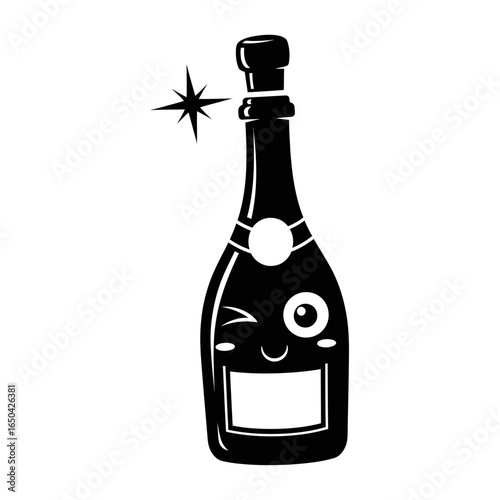 A black and white cartoon illustration of a champagne bottle with a winking face and a star sparkler