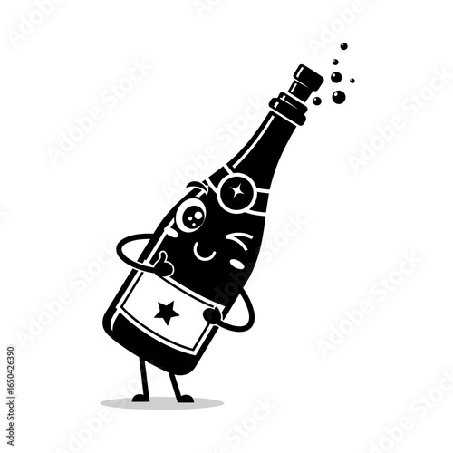 A cartoon champagne bottle with a face and limbs giving a thumbs up with bubbles floating above it