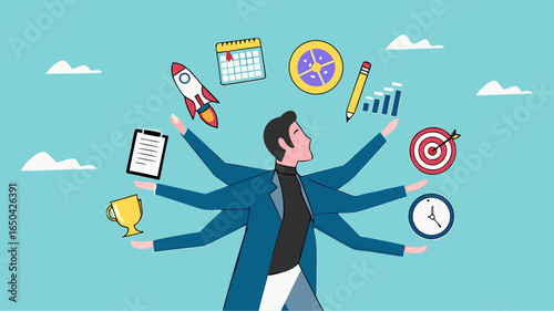 multiple project management concept illustration, juggle multiple project concept, professional businessman manage multiple project at the some time vector illustration with flat design style
