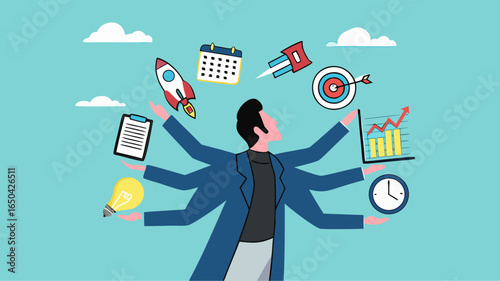 multiple project management concept illustration, juggle multiple project concept, professional businessman manage multiple project at the some time vector illustration with flat design style