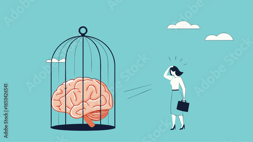 thinking traps, Negative Thought Patterns That Keep You Stuck, Stressed and Anxious, social issue, confused woman with a brain trapped in a cage illustration