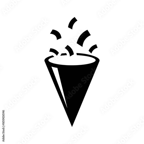 A black and white graphic of a party popper with confetti exploding out of the top in celebration