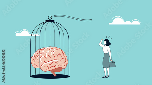 thinking traps, Negative Thought Patterns That Keep You Stuck, Stressed and Anxious, social issue, confused woman with a brain trapped in a cage illustration