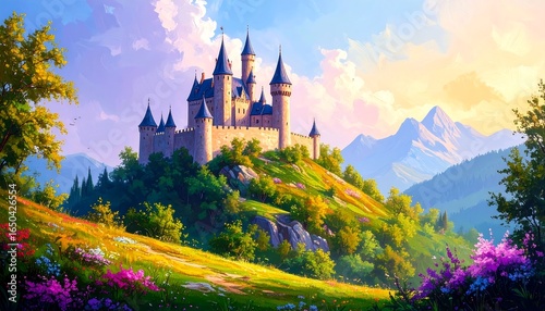 Wallpaper Mural Fairytale Castle on a Hilltop with Mountains. Torontodigital.ca