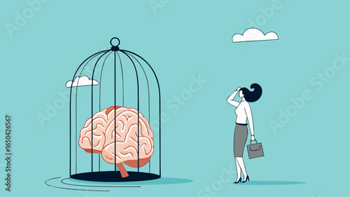 thinking traps, Negative Thought Patterns That Keep You Stuck, Stressed and Anxious, social issue, confused woman with a brain trapped in a cage illustration