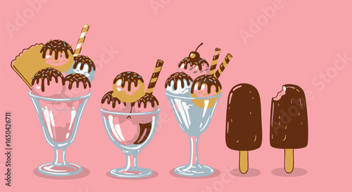 Delicious Dessert Treats Ice Cream Sundaes and Chocolate Popsicles