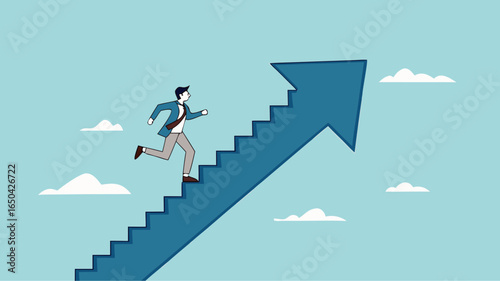 business growth with career path development, investment earning rising up as a path to career success, Improvement or career growth, businessman climbing stairs on rising arrow graph