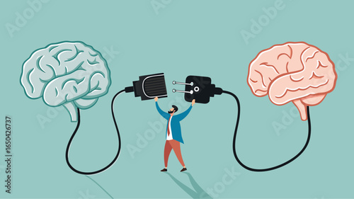 give education, Provide education for human, Obtain knowledge and skills, Mentor and intern, coach and trainee, man connect plug with stupid brain to smart brain concept vector illustration flat style