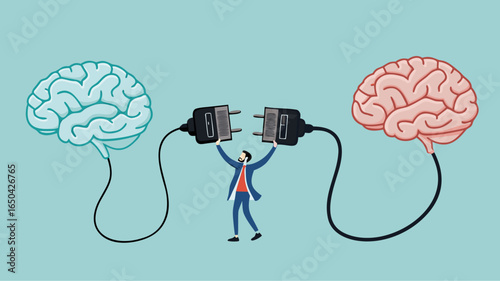 give education, Provide education for human, Obtain knowledge and skills, Mentor and intern, coach and trainee, man connect plug with stupid brain to smart brain concept vector illustration flat style