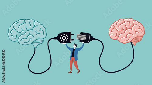 give education, Provide education for human, Obtain knowledge and skills, Mentor and intern, coach and trainee, man connect plug with stupid brain to smart brain concept vector illustration flat style