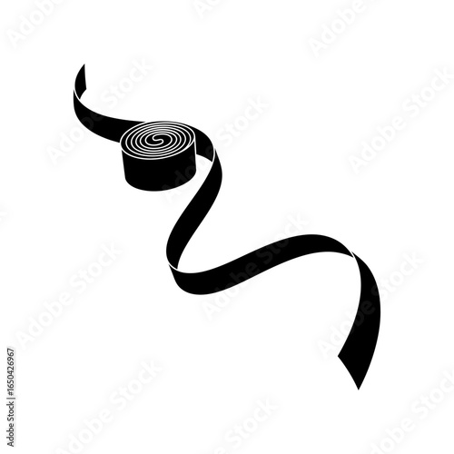 A black ribbon unrolling from a tight coil on a white background creating a simple graphic design