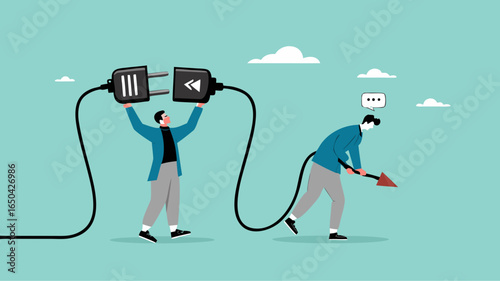 recharge energy or restore enthusiasm for work, refreshing from overwork or tiring activities, businessman connects electrical plug to power source to recharge low battery exhausted businessman worker