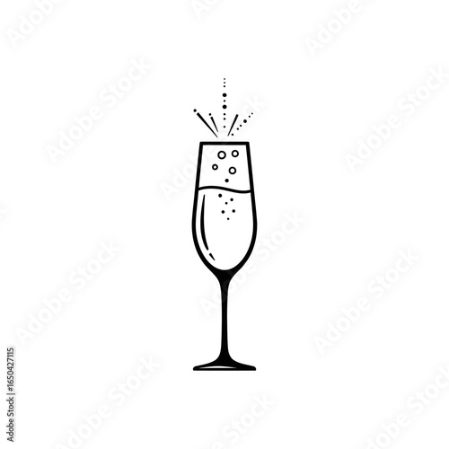 A minimalist line art illustration of a champagne glass with bubbles and sparkling effervescence effect