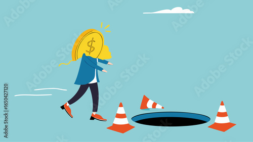 investment scam, Financial Fraud or Illegal Investment, ponzi scheme concept, businessman investor who is lulled by fake investments who walks forward towards a trap hole