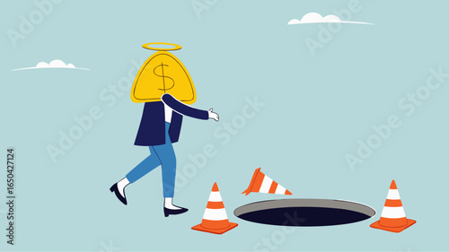 investment scam, Financial Fraud or Illegal Investment, ponzi scheme concept, businessman investor who is lulled by fake investments who walks forward towards a trap hole