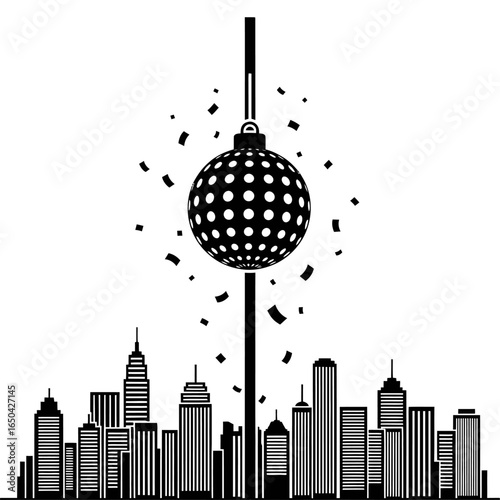Black and white new year's eve ball drop over a cityscape silhouette with confetti falling down