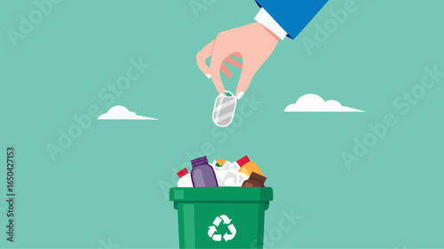 throw away old business ideas, Businessman's hand throws broken light bulb idea into trash can concept vector illustration with flat design style
