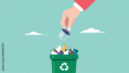 throw away old business ideas, Businessman's hand throws broken light bulb idea into trash can concept vector illustration with flat design style
