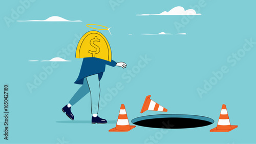 investment scam, Financial Fraud or Illegal Investment, ponzi scheme concept, businessman investor who is lulled by fake investments who walks forward towards a trap hole