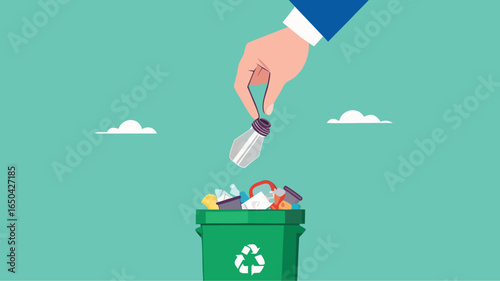 throw away old business ideas, Businessman's hand throws broken light bulb idea into trash can concept vector illustration with flat design style