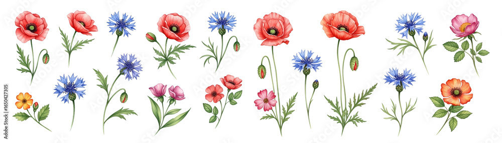 Obraz premium A vibrant assortment of flowers, featuring red poppies and blue cornflowers, creating a lively floral display.