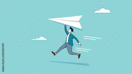 businessman throwing paper plan while sending email, email subscription to send newsletter for product promotions and updates, business launching concept, online communication illustration flat style