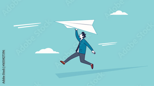 businessman throwing paper plan while sending email, email subscription to send newsletter for product promotions and updates, business launching concept, online communication illustration flat style