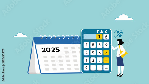 2025 tax form or annual notification of monthly duty and debt, annual income tax filing, Doing taxes accounting and annual financial paperwork, businesswoman standing near a big calculator tax