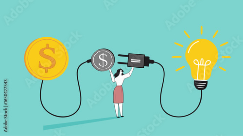 exchanging knowledge with money for a business or start up project, new business idea to get money, businesswoman connect plug with light bulb idea to money concept vector illustration