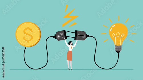exchanging knowledge with money for a business or start up project, new business idea to get money, businesswoman connect plug with light bulb idea to money concept vector illustration