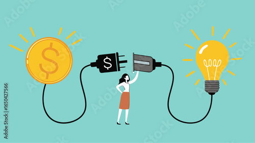 exchanging knowledge or science for money for a business or start up project, new business idea to get money, businessman connect plug with light bulb idea to money concept vector illustration