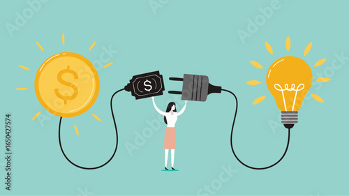 exchanging knowledge or science for money for a business or start up project, new business idea to get money, businessman connect plug with light bulb idea to money concept vector illustration