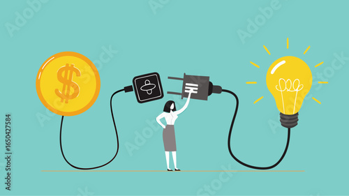 exchanging knowledge or science for money for a business or start up project, new business idea to get money, businessman connect plug with light bulb idea to money concept vector illustration