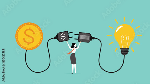 exchanging knowledge or science for money for a business or start up project, new business idea to get money, businessman connect plug with light bulb idea to money concept vector illustration