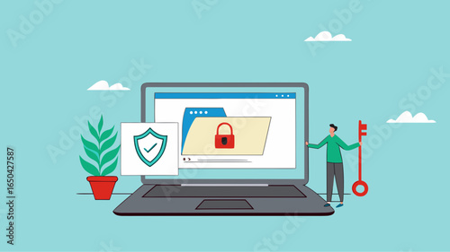 confidential document, security or protection for archiving important files or documents, secret security key for privacy protection, businessman locks document folder on laptop with security padlock