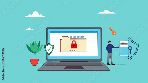 confidential document, security or protection for archiving important files or documents, secret security key for privacy protection, businessman locks document folder on laptop with security padlock