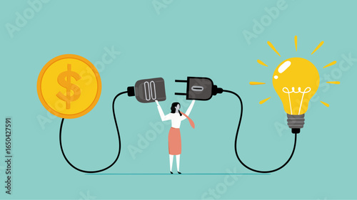 exchanging knowledge with money for a business or start up project, new business idea to get money, businesswoman connect plug with light bulb idea to money concept vector illustration